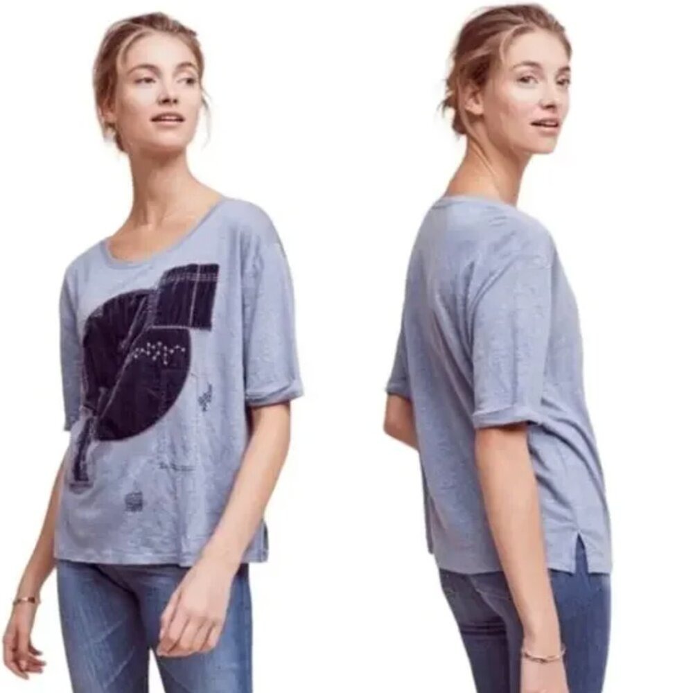 Akemi + Kin Anthropologie T-Shirt Women's Size S Blue Linen Casual Top Boho